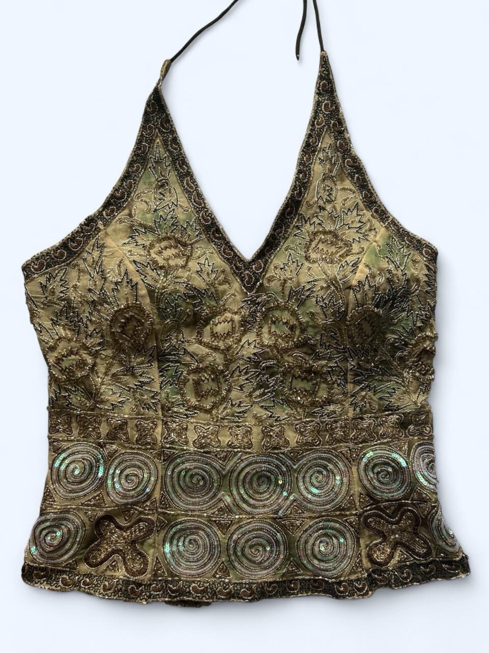INSANE Y2K 100% Silk Fairy AfterShock Embroidered Metallic Green Halter Top